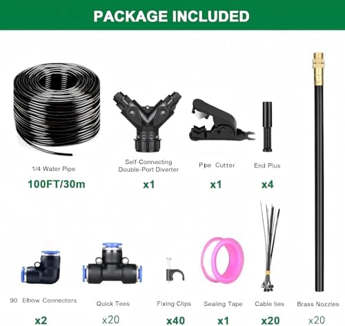 Drip Irrigation System with Brass Nozzles – 2026 Upgrade 100FT Garden Watering Kit with 20Pcs 360° Adjustable Misting Sprinklers Quick Connect Fittings for Raised Beds, Lawn, Patio