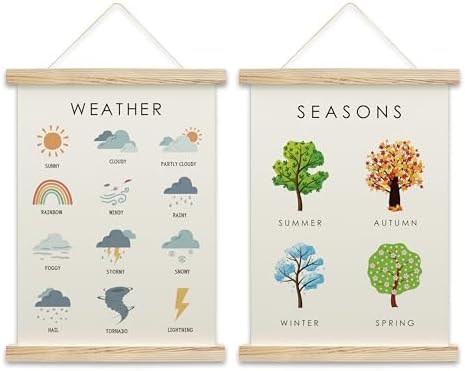 OZTEMETY Seasons Weather Learning Poster Hanger Frame, Seasons Chart For Kids For Wall, Toddler Learning Posters, Toddlers Kids Classroom Playroom Decor, Set Of 2 -B05