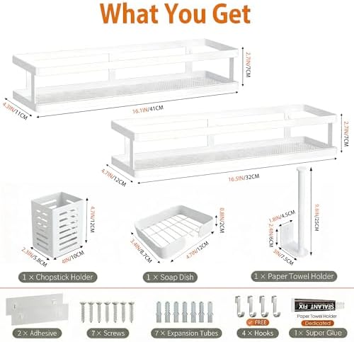 PUSDON 5-in-1 16.5" Extra Long Kitchen Organizer & Shower Caddy Set, Wall Mount Spice Rack with Paper Towel Holder, Utensil Holder & Soap Dish, Rustproof Mesh - White, Guardrail