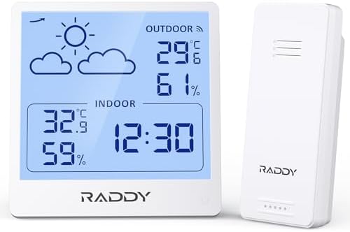 Raddy WF-50T Wireless Weather Station, Thermometer Hygrometer, White
