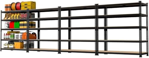 71" H x 35.5" W x 16" D 5-Tier Metal Storage Shelves: Heavy Duty Garage Shelving Adjustable Shelves for Storage - Black Utility Rack Shelf for Pantry, Warehouse, Office, Kitchen, 4PCS