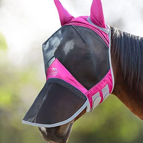 Harrison Howard CareMaster Pro Luminous Horse Fly Mask Large Eye Space Long Nose with Ears UV Protection for Horse Flamingo (L; Full Size)