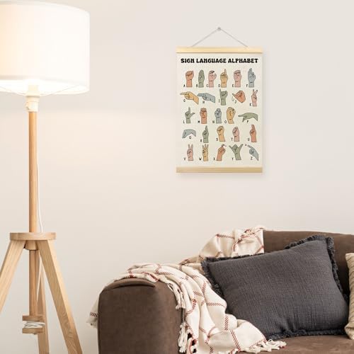 TLESKE ASL American Sign Language Alphabet Wall Art Poster, Special Educational Wall Decor for Classroom Kids Room, ASL Wall Hanging Poster with Hanger Frame Banner Picture Prints 12x16