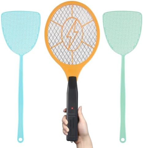 Electric Fly Swatter Bug Zapper Zap Mosquito with 2-Pack Plastic Fly Swatter- Indoor Outdoor Zapping Racket for Pest - Safe to Touch with 3-Layer Safety Mesh