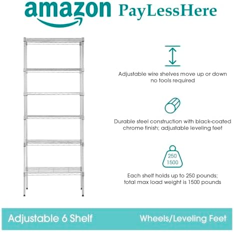PayLessHere | 6-Tier Wire Shelf | 23"x13"x59" | Chrome | Adjustable Racks | Heavy-Duty Storage Shelves, Holds Upto 1500 lbs | Rust-Resistant, No-Tool Assembly | for Home, Garage Shelving