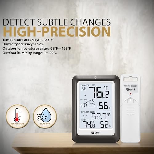 Indoor Outdoor Thermometer Wireless Weather Station, Temperature Humidity Monitor Battery Powered Inside Outside Thermometers with 330ft Range Remote Sensor and Backlight Display（Metal Black）