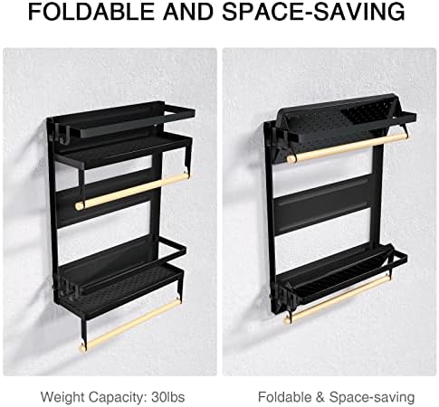 Magnetic Paper Towel Holder with Multi-Layer Storage Shelf, Stable Magnetic Organizer for Refrigerator, Garage Tool Cabinet and RV, Wall Mount Spice Rack and Paper Roll Hanger (Large- Black)