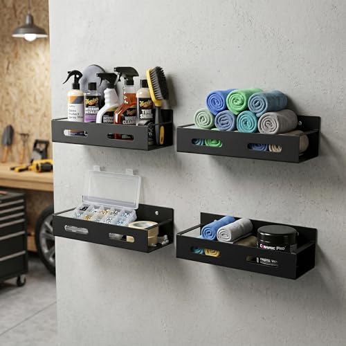 Wall-Mounted Metal Storage Rack 4-Pack - Garage and Workshop Organizer for Tools, Hardware, Cleaning Supplies - Black Texturized Powder-Coat
