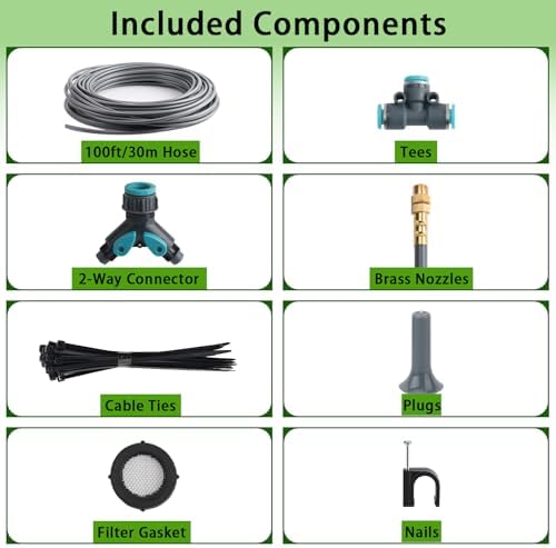 100FT 1/4" Quick-Connect Drip Irrigation System Kit, Automatic Garden Watering System with 16 Pcs Adjustable Spray Nozzles for Garden, Greenhouse, Yard, Lawn