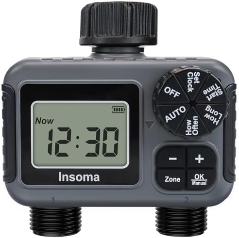 Insoma 2-Zone Sprinkler Timer, Programmable Garden Hose Timer with Auto/Manual/Rain Delay Modes | Water-Saving Irrigation Controller for Lawn, Yard & Drip Systems | Waterproof Design & Easy Setup