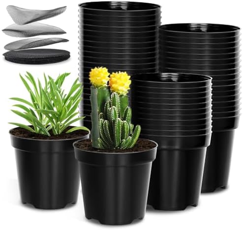 RooTrimmer 40 Pack 4 Inch Plant Nursery Pots with Mesh Pad, Sturdy Plastic Flower Planter Pots with Drainage Holes, Seed Starter Pots for Planting Seedings Cuttings Succulents Indoor Ourdoor, Black