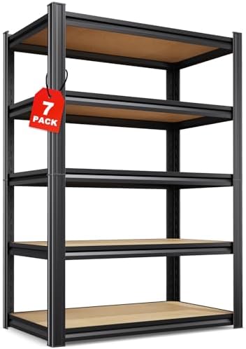 Set of 7-71"H Garage Shelving,5 Tier Garage Storage Shelves,Adjustable Heavy Duty Metal Shelving Unit and Storage Large Rack,Utility Steel Shelf For Warehouse Industrial Pantry Basement 32"Wx14"D