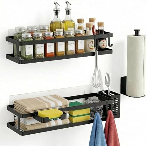 PUSDON 5-in-1 16.5" Extra Long Kitchen Organizer & Shower Caddy Set, Wall Mount Spice Rack with Paper Towel Holder, Utensil Holder & Soap Dish, Rustproof Mesh - Matte Black, Guardrail