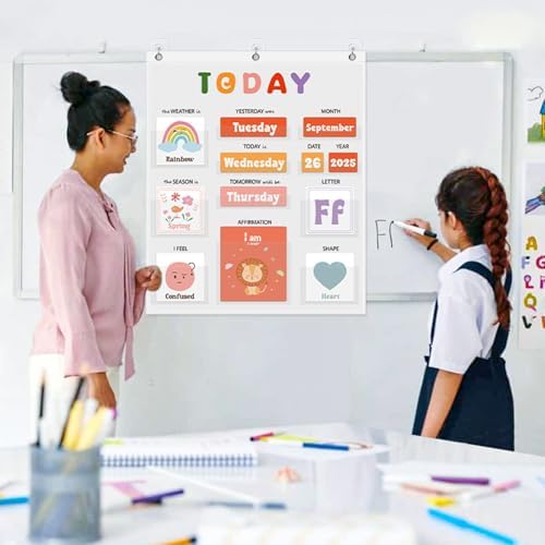 Daily Morning Board,Circle Time Calendar,Classroom Supplies, Interactive Learning Chart for Preschool & Kindergarten, Includes Weather, Feelings, and Affirmations Board