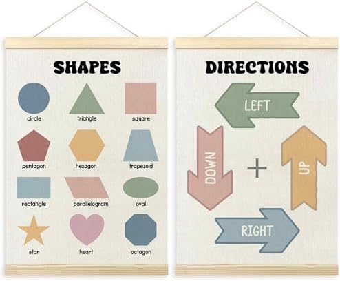 TLESKE Shapes Directions Chart Poster Hanger Frame for Toddler Kid Classroom Set of 2, Homeschool Hanging Wall Art Decor for Nursery Playroom, Preschool Prek Learning Educational Poster, 12x16