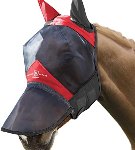 Harrison Howard Pro Luminous Horse Fly Mask Long Nose with Ears UV Protection for Horse Scarlet Red/Black XL Extra Full Size