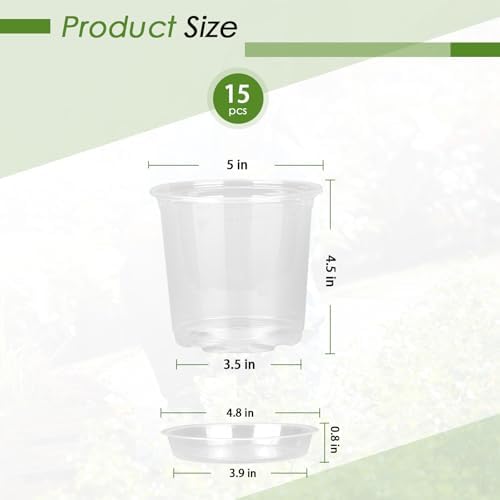 FUIJOL 5 Inch Clear Nursery Pots for Plants with Sacuers 15 Pack, Plastic Flower Pots with Drainage Holes, Variety Pack Seedlings Garden Pot for Indoor Outdoor (5 inch)
