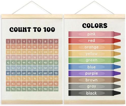 TLESKE 1-100 Numbers Hundreds Colors Chart Poster Hanger Frame for Toddler Kid Classroom Set of 2, Homeschool Hanging Wall Art Decor for Nursery Playroom, Preschool Learning Educational Poster, 12x16