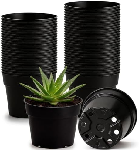 RooTrimmer 50 Pack 6 Inch Nursery Pots, Plastic Flower Pots, Thick Plant Pots with Drainage Hole for Planting Outdoor/Indoor Plants Succulent Herb (Black)