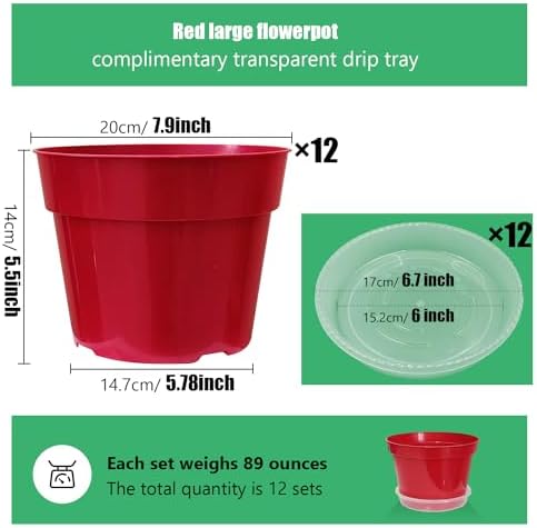 RooTrimmer 8 inch Plastic Flower Pots, Red Plant Pots 12Pack with Saucers for Indoor House Plants Growing and Decoration