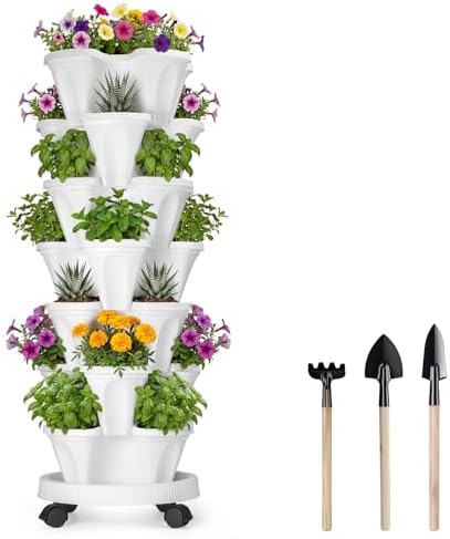 GameXcel Vertical Planter Tower - 7 Tier Stackable Garden Planters with Wheels and Tools Plant Pots for Strawberry Herb Flower and Vegetable Indoor Outdoor Use White