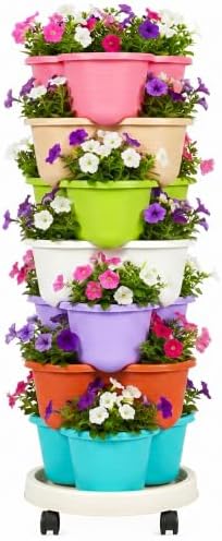 VECELO 7 Tier Vertical Garden Planter, Self Watering Stackable Planters with Wheels for Strawberries, Herbs, Flowers, Vegetables, Multicolor