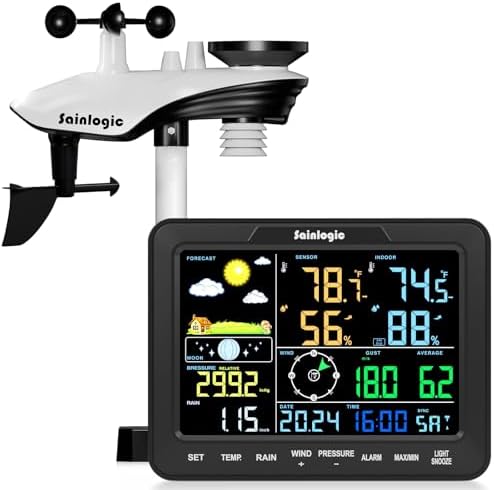 Sainlogic 12-in-1 Home Weather Station Wireless Indoor Outdoor and Rain Gauge Outdoor for Temperature, Humidity, Forecast, Pressure, Moon Phase, Alarm for Bedroom, Black (No WiFi)