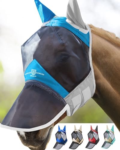 Harrison Howard Pro Luminous Horse Fly Mask Long Nose with Ears UV Protection for Horse Azure Blue/Silver XL Extra Full Size