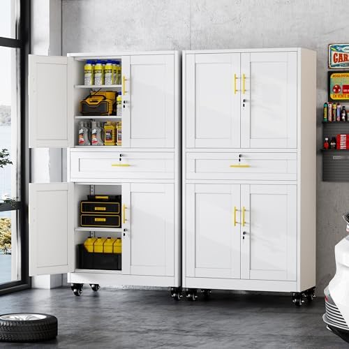 GAIOUS Metal Garage Storage Cabinet with Wheels and Drawer, Steel File Cabinet for Home Office, 74'' Tall Tool Cabinet with 4 Locking Doors and 3 Adjustable Shelves, Rolling Cabinet for Garage - White