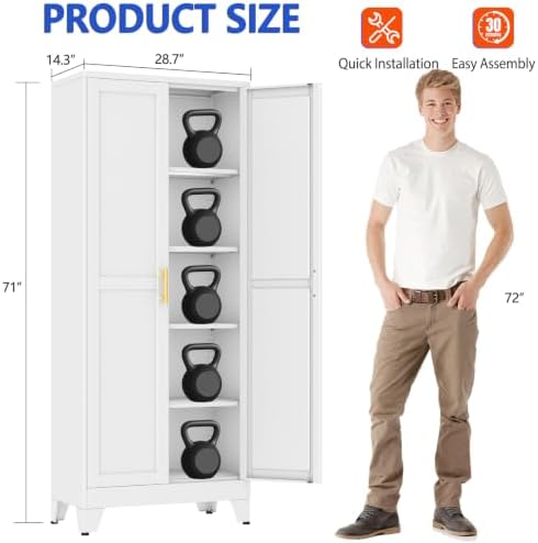 GAIOUS 71''Tall Metal Garage Storage Cabinet,File Cabinet with Door and Adjustable Shelves, Outdoor Steel Tool Cabinet for Home,Office,Warehouse,Garage,White