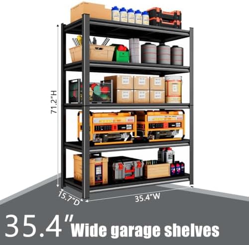 35.4" W Garage Shelving 5-Tier Heavy Duty Storage Shelves, Adjustable Metal Shelf Unit, Utility Organizer Rack for Basement, Pantry, Kitchen, Warehouse,35.4" Wx15.7 Dx71.2 H, Black