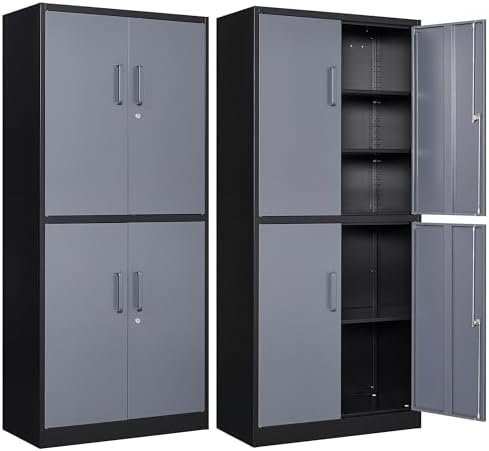 Letaya Metal Storage Cabinets with Lock Door and Shelves, Steel Garage Tool Cabinets for Home,Office, Warehouse,Lockers(71"-Black Gray)