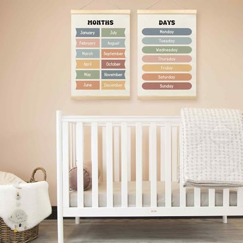 TLESKE Months of the Year Days of the Week Chart Poster Hanger Frame for Toddler Kid Classroom Set of 2, Homeschool Hanging Wall Art for Nursery Playroom, Preschool Learning Educational Poster, 16x24