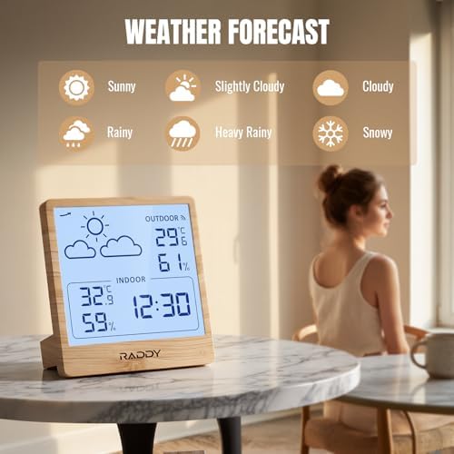 Raddy WF-50T Wireless Weather Station, Light Wood Frame
