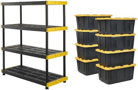 CX Heavy Duty 4-Tier Garage Storage Shelves + 8-pack 27-Gallon Bins & Lids