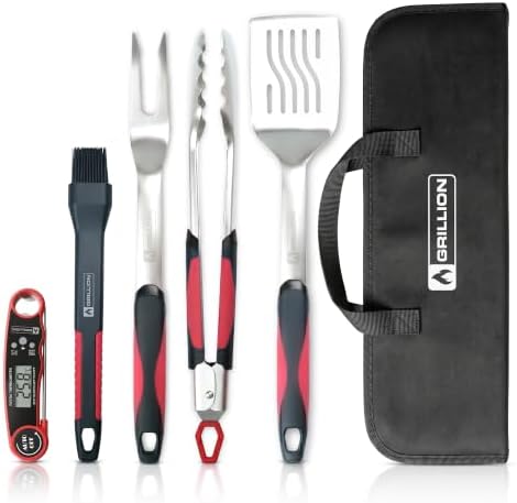 5PCS Grilling Tools for Outdoor Grills - Premium Grilling Utensil Set - Spatula, Tongs, Fork, Thermometer & Brush with Carrying Bag - BBQ Grill Sets for Men - BBQ Grill Accessories Gifts
