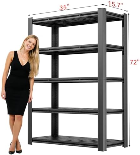 5-Tier Heavy Duty Garage Shelving, 5,000 lbs Capacity Adjustable Plastic Storage Shelving Unit for Garage, Basement & Warehouse, Boltless Steel Frame,35" W x 15.7" D x 72" H