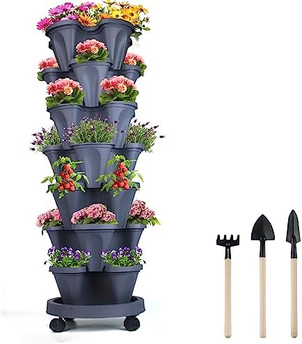 GameXcel Vertical Planter Tower - 7 Tier Stackable Garden Planters with Wheels and Tools Plant Pots for Strawberry Herb Flower and Vegetable Indoor Outdoor Use Dark Gray