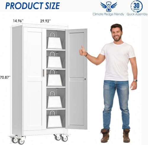 GAIOUS Metal Garage Storage Cabinet with Lock, Steel Tool Cabinet with 2 Door and 4 Adjustable Shelves, 71” Tall Lockable File Cabinet with Wheels, Rolling Cabinet for Home Office Garage Gym - White