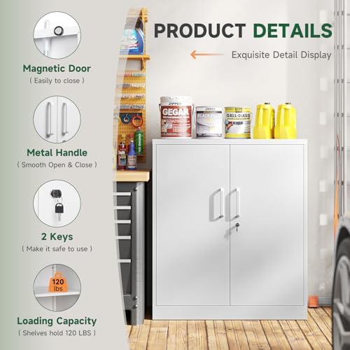 Letaya Metal Storage Cabinets with Lock, Small Locker Organizer Steel Cabinets, Adjustable Layers Shelves 2 Doors for Home, Office, Warehouse,Garage,Industrial,Employee Lockers (White-36)