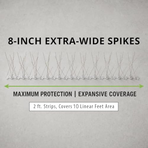Bird-X Stainless Steel Bird Spikes, 8-inch Extra-Wide Spikes, Bird Spikes for Pigeons and Other Small Birds, Easy to Install, Contains 2 ft. Strips, Covers 10 Linear Feet Area, EWS-10