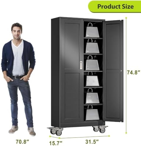 75-Inch Metal Garage Storage Cabinet with Wheels, Locking Doors and Shelves