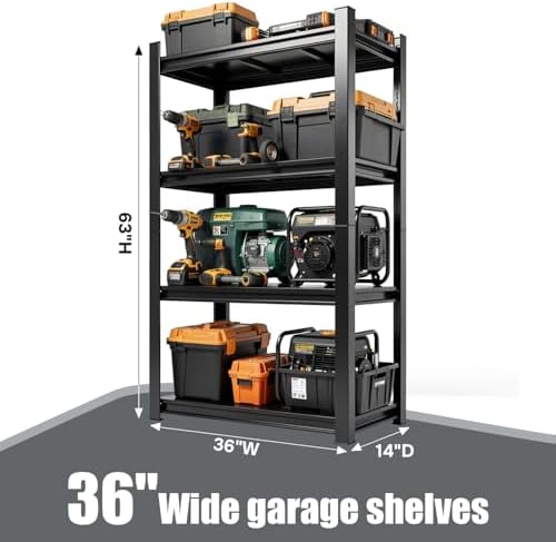 Garage Shelving Unit, Heavy Duty 4-Tier Adjustable Storage Rack, Steel Shelving, 2000 lbs Capacity, Industrial Shelves for Heavy Tools and Equipment (63" H x 36" W x 14" D)