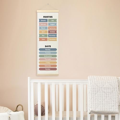 TLESKE Months of the Year Days of the Week Classroom Wall Art Poster, Educational Wall Decor Hanging Poster with Hanger Frame for Classroom, Toddlers Kids Wall Prints Picture Framed Banner, 12x35