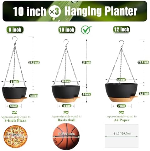 10 Inch Self-Watering Hanging Planters Set of 3 with Saucers