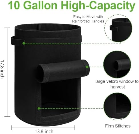 Homyhoo Potato Grow Bags with Flap 10 Gallon, 4 Pack Planter Pot with Handles and Harvest Window for Potato Tomato and Vegetables, Black and Gray