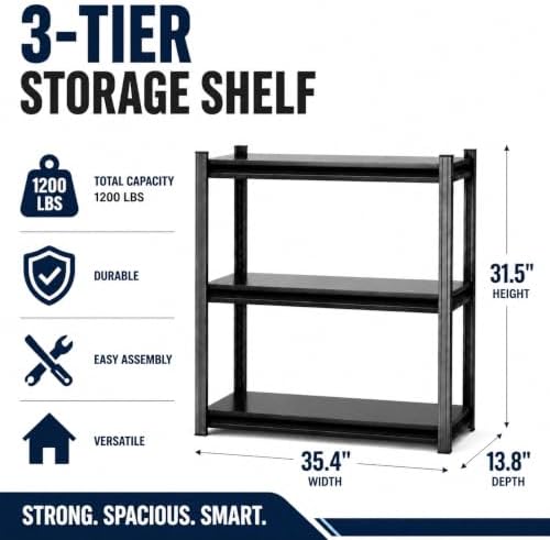 Garage Shelving Heavy Duty Shelving Unit, 1200 LBS 3-Tier Adjustable Boltless Storage Rack, Organizer for Garage Warehouse Kitchen Basement Workshop Household Supplies, 31.5"H x 35.4"W x 13.8"D, Black
