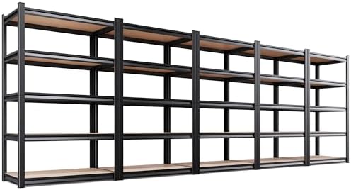 5 Pack Garage Shelving Heavy Duty 5T Storage Shelves, Metal Adjustable Shelving Unit, Utility Garage Organizer Shelf for Basement, Pantry, Kitchen, Warehouse, 78" Hx45.6 Wx19.7 D, Black