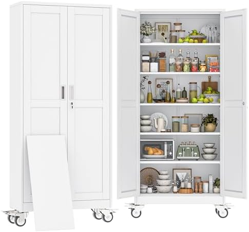 75" H Metal Pantry Storage Locker Cabinet with Wheels,Rolling Kitchen Pantry Cabinet with 2 Doors and 5 Adjustable Shelves, Lockable Steel Garage Tool Cabinet Organization for Home,Gym,School,White