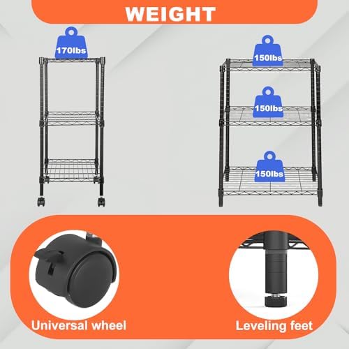 PayLessHere | 3-Tier Wire Shelf Shelving with Wheels | 23"x13"x31" | Black